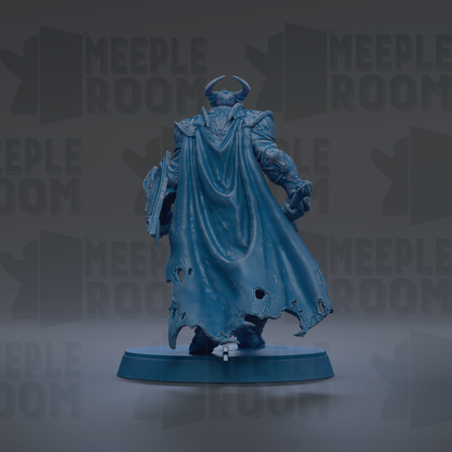 A blue, weathered statue of a warrior figure with a cape and armor, standing on a pedestal against a dark background with repeated text.