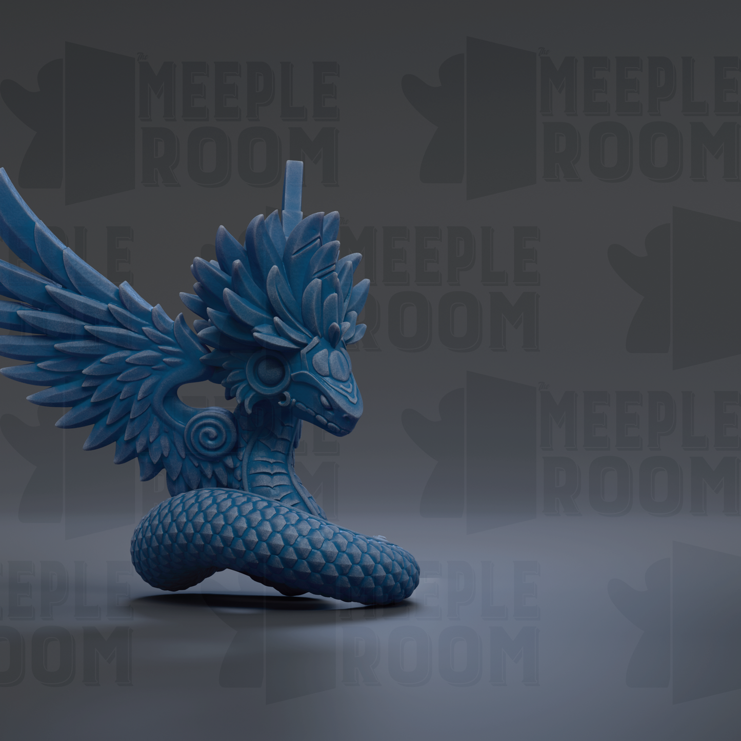 A blue dragon-like creature with intricate details and a flowing, winged body is the central focus of the image.