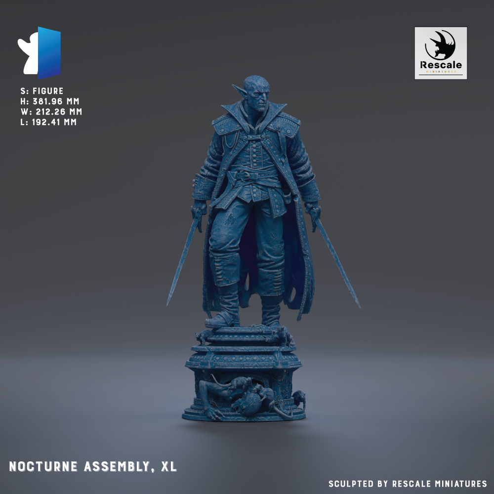 A 3D model of a character in a historical costume, standing on a pedestal and holding a sword. The image is labeled as "Nocturne Assembly, XL" and is described as a "S. Figure" with dimensions of "H. 91.86 MM" and "W. 92.41 MM".
