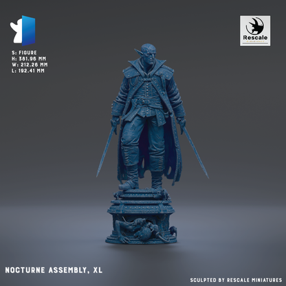 A 3D model of a character in a historical costume, standing on a pedestal and holding a sword. The image is labeled as "Nocturne Assembly, XL" and is described as a "S. Figure" with dimensions of "H. 91.86 MM" and "W. 92.41 MM".