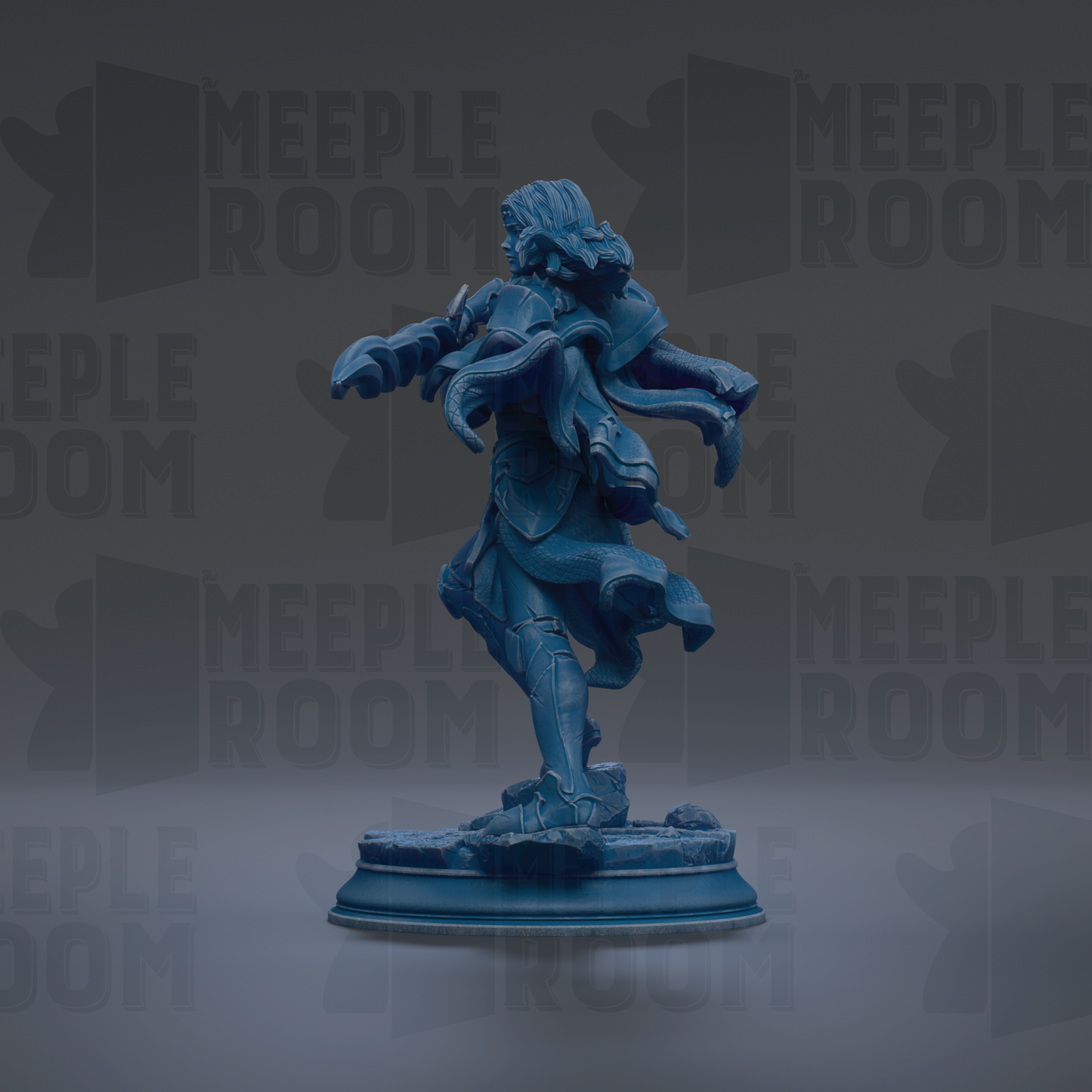A blue statue of a figure with flowing hair and a flowing cape, standing on a pedestal against a dark background with repeated text.
