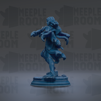 A blue statue of a figure with flowing hair and a flowing cape, standing on a pedestal against a dark background with repeated text.