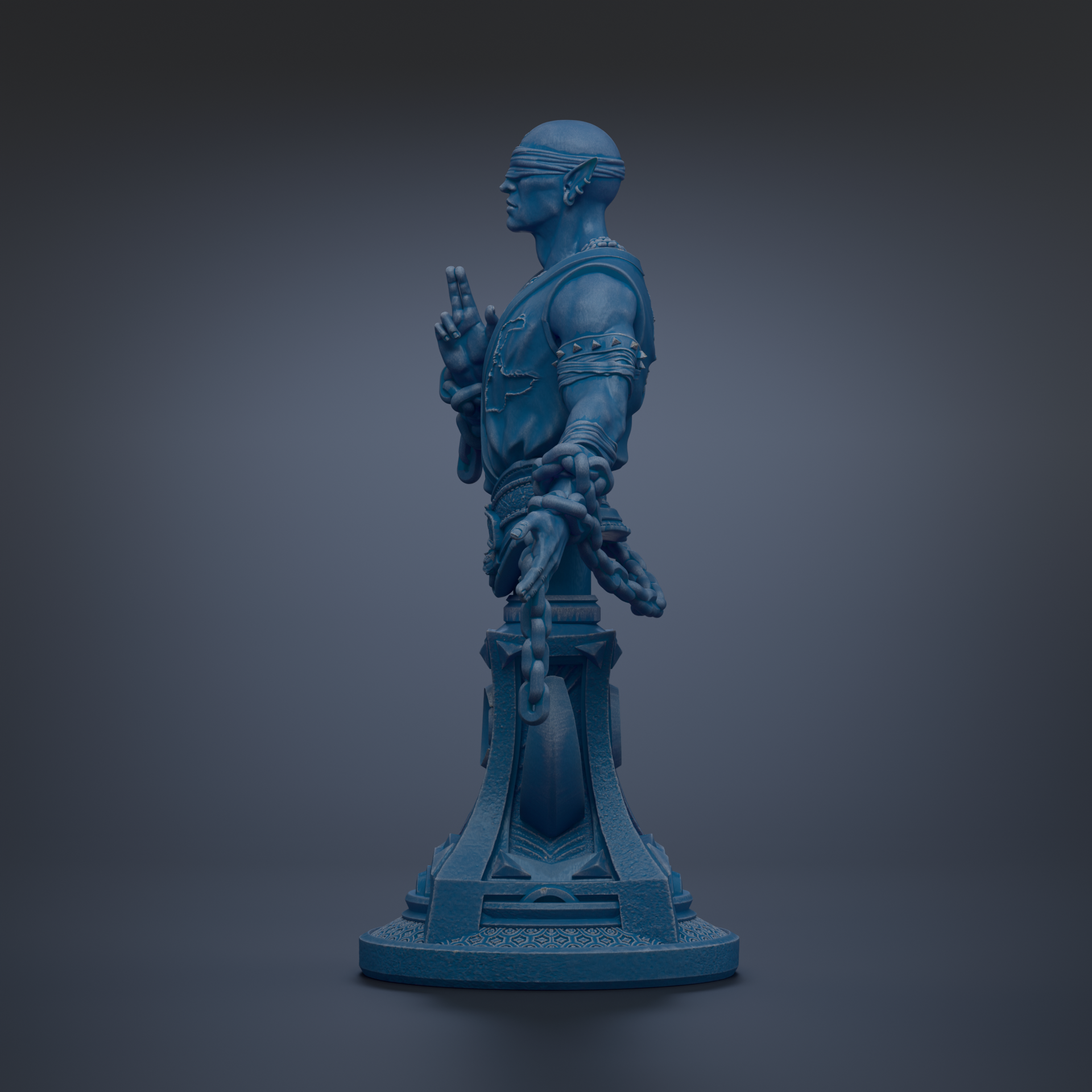 A blue statue of a person with a serious expression, standing on a pedestal.