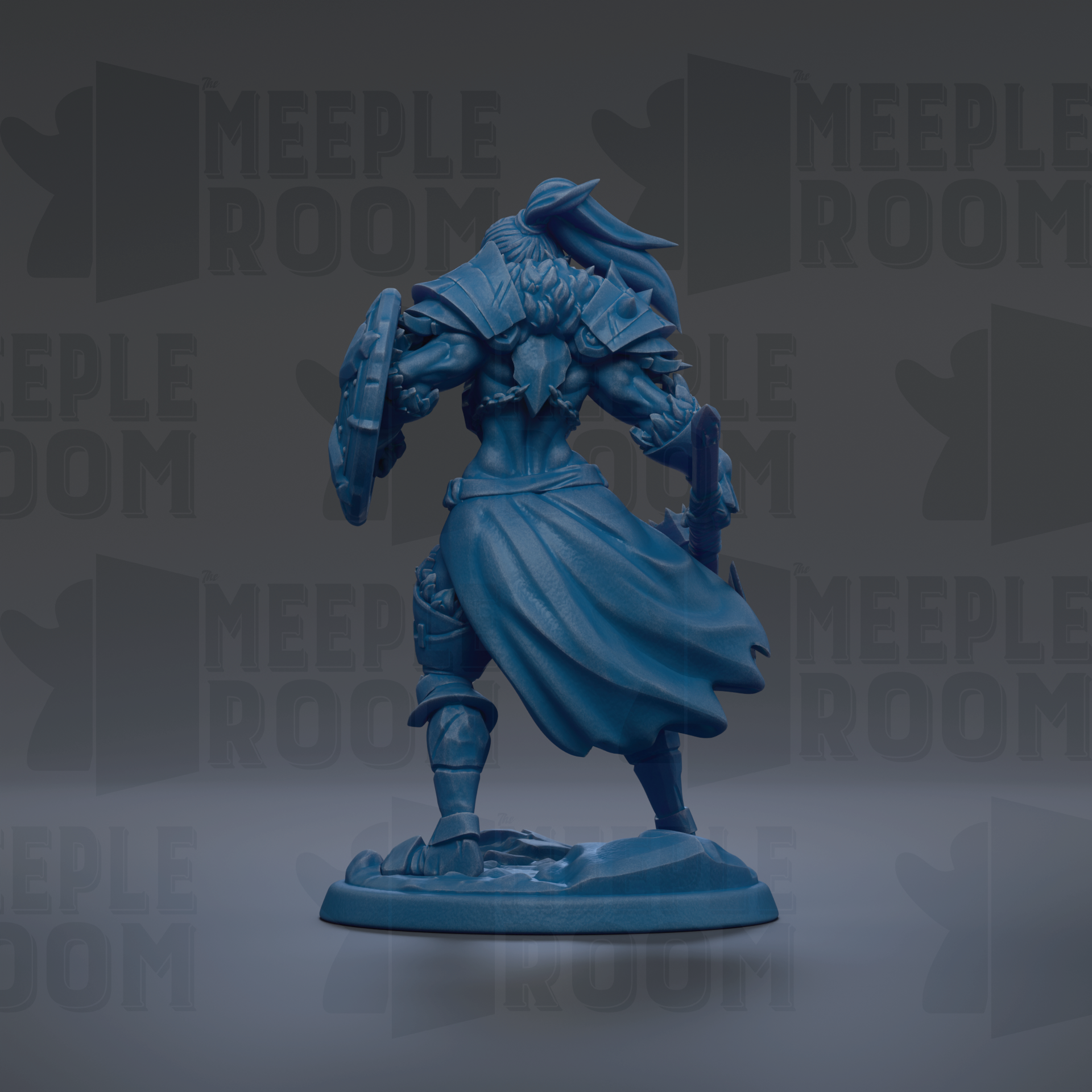 A blue figurine of a warrior standing on a base, with a shield and sword in hand, against a dark background with repeated text.