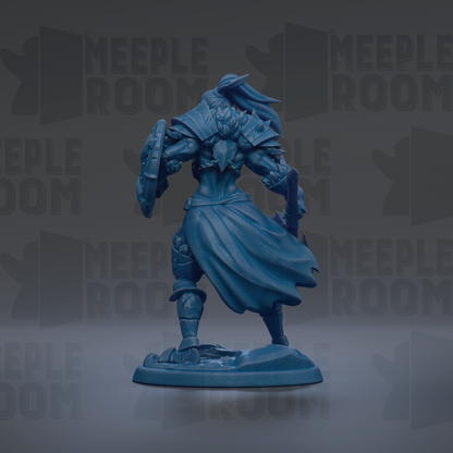 A blue figurine of a warrior standing on a base, with a shield and sword in hand, against a dark background with repeated text.