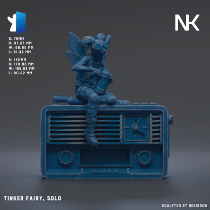 A 3D rendering of a blue fairy figurine sitting on top of a radio.