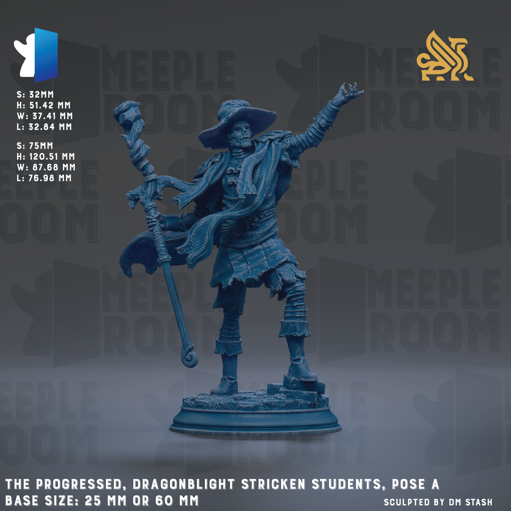 a blue dragonlight-stricken student, with the text "The progressed, dragonlight stricken students, pose a base size: 25 mm or 60 mm" and "Sculpted by DM Stash".