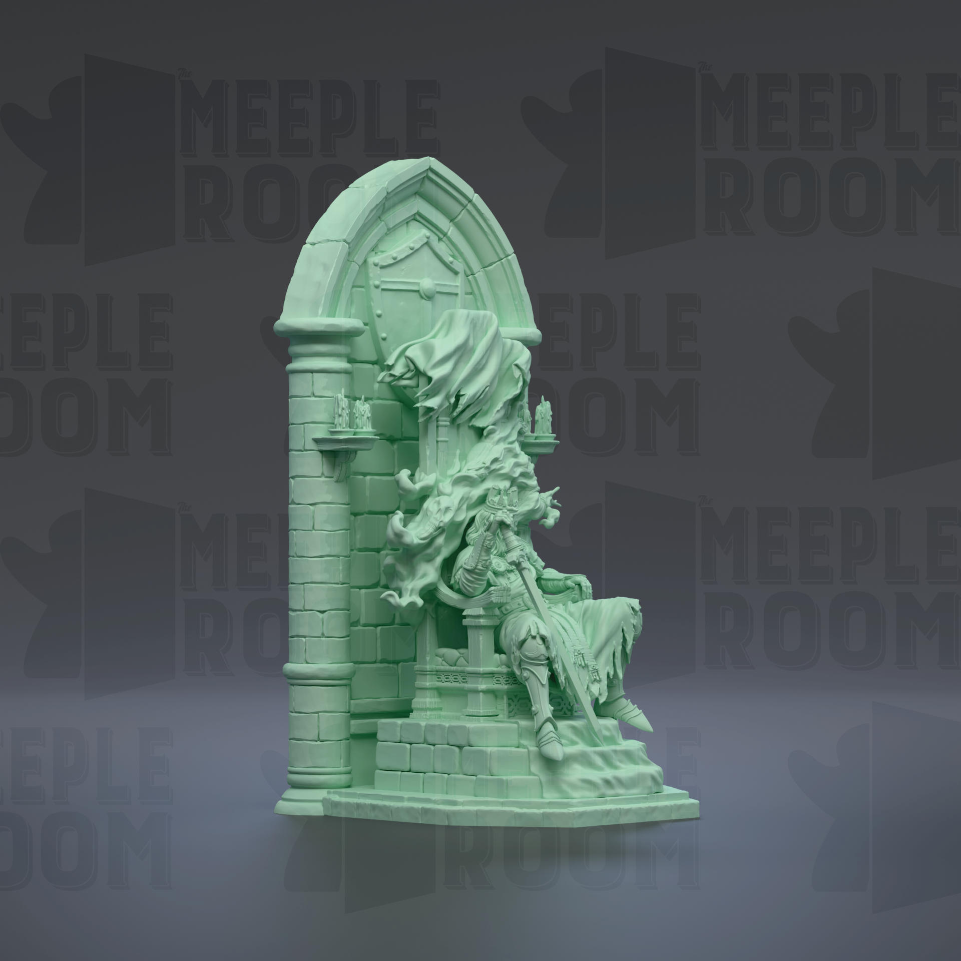 A green statue of a person sitting on a pedestal, with a large archway or doorway behind them.