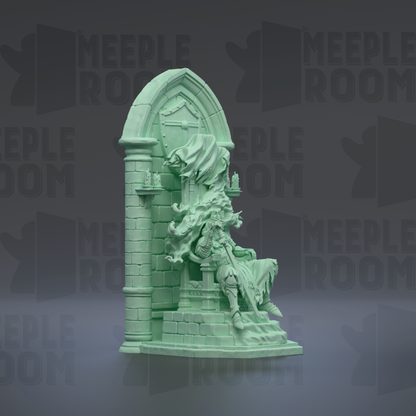 A green statue of a person sitting on a pedestal, with a large archway or doorway behind them.