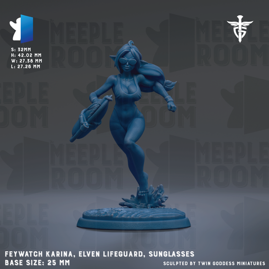 A figurine of a female character, likely a female superhero or fantasy character, wearing sunglasses and holding a weapon. The figurine is standing on a platform and appears to be made of a blue material. The image is described as a "MEIPLE ROOM" and "MEIPLE ROOM" based on the repeated text in the background. The figurine is described as "FEYWATCH KARINA, ELVEN LIFEguards, SUNGLASSES" and has a base size of 25mm.