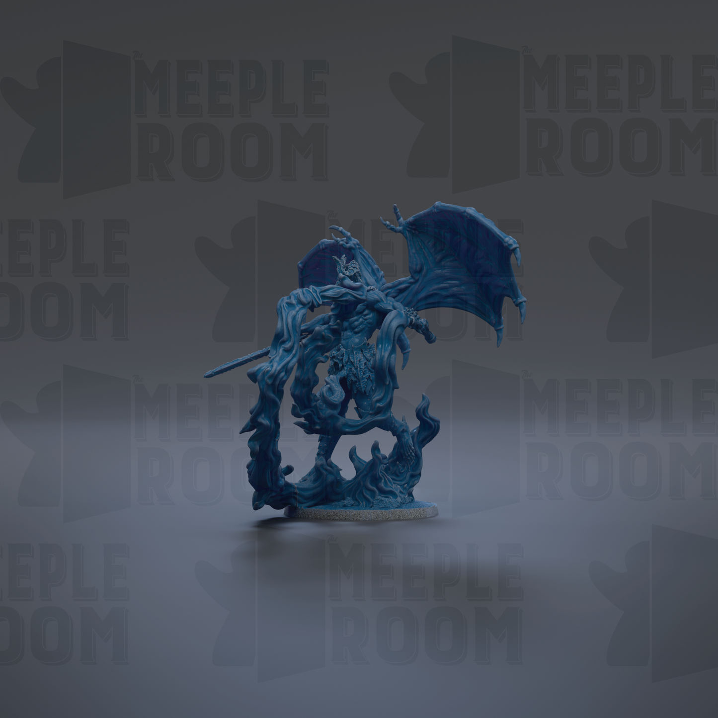 A blue dragon figurine is shown against a dark background with repeated text.