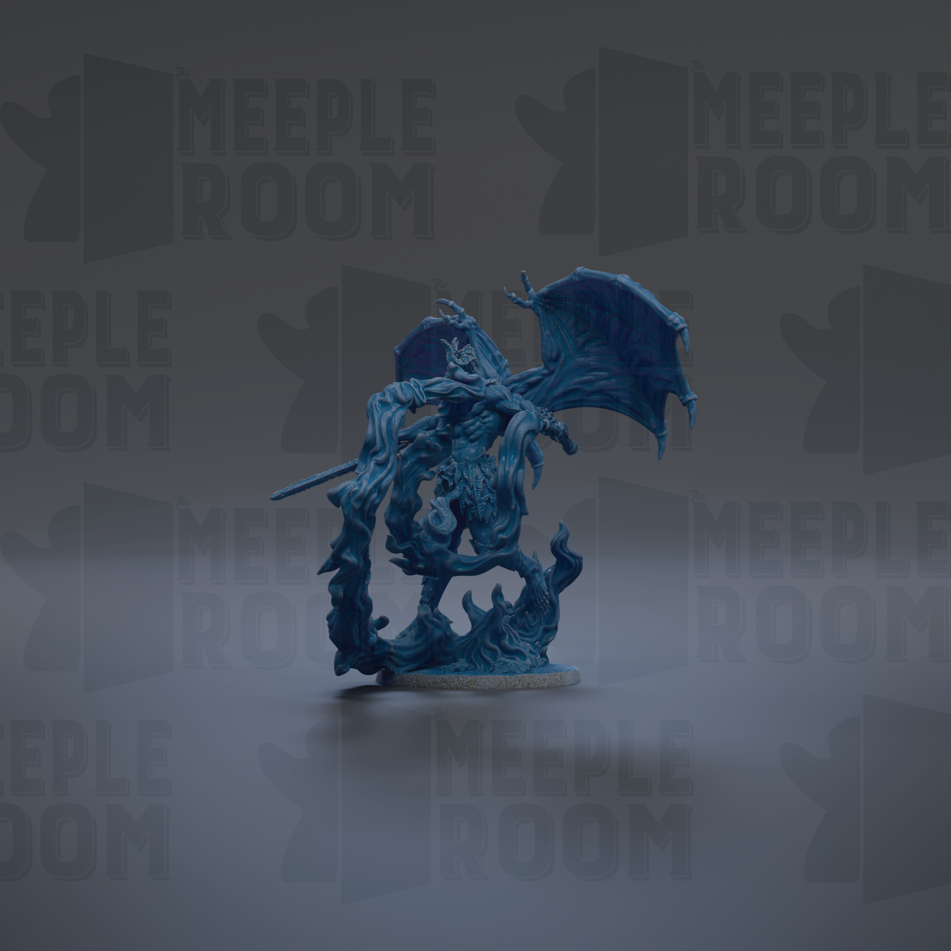 A blue dragon figurine is shown against a dark background with repeated text.