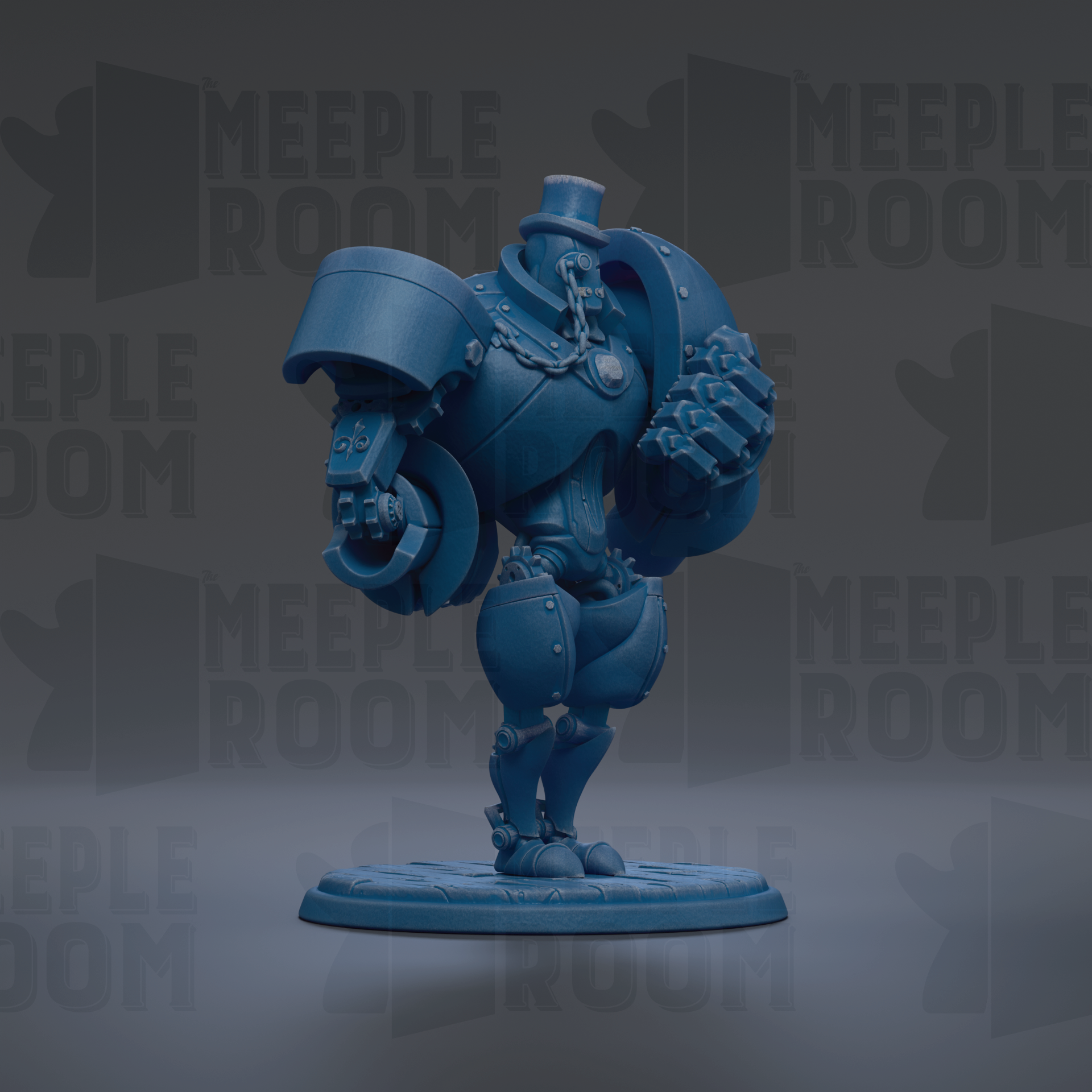A blue, mechanical toy figure with a top hat and various mechanical components, standing on a platform against a dark background with repeated text.
