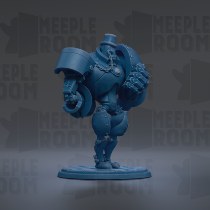 A blue, mechanical toy figure with a top hat and various mechanical components, standing on a platform against a dark background with repeated text.