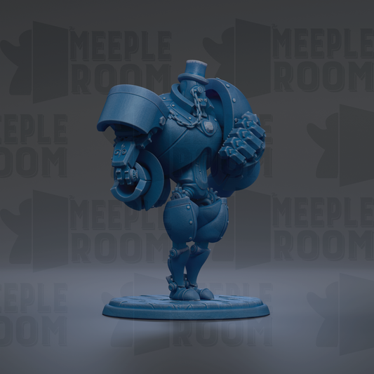 A blue, mechanical toy figure with a top hat and various mechanical components, standing on a platform against a dark background with repeated text.