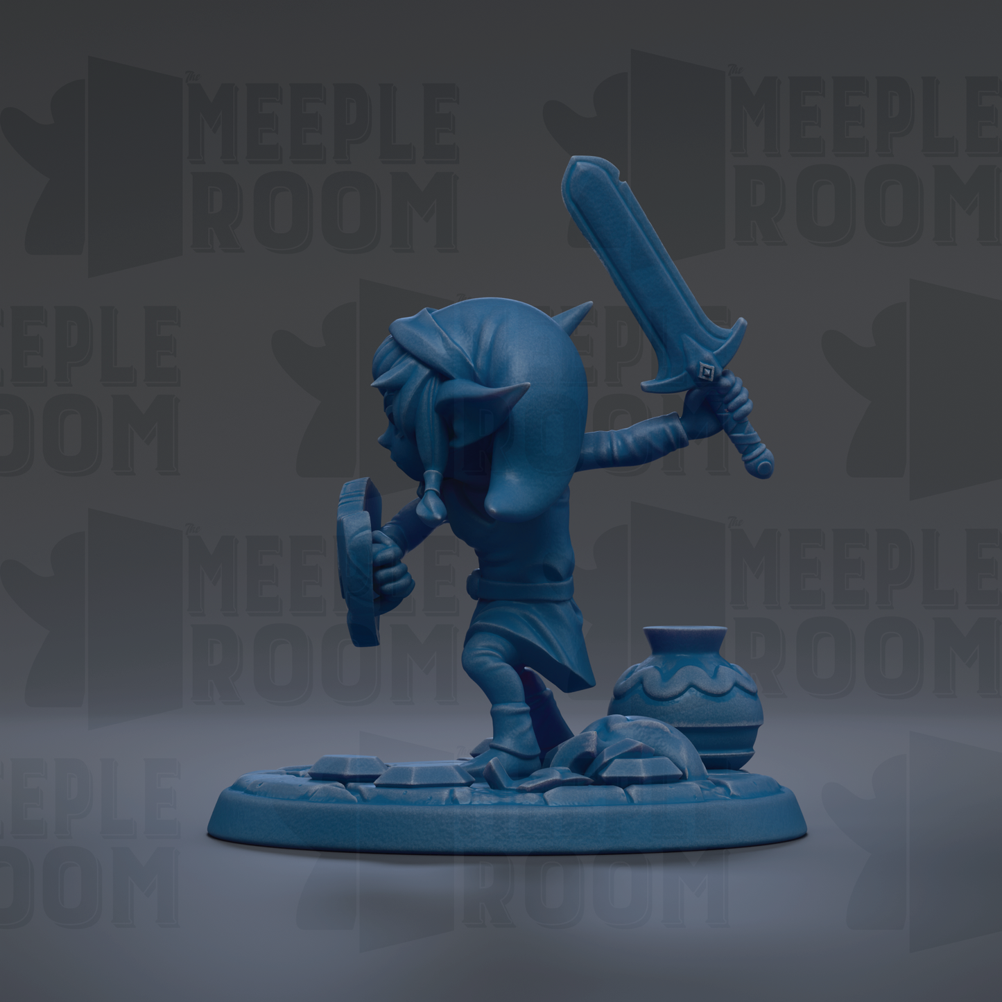 A blue figurine of a character holding a sword and shield, standing on a base with a vase and other objects.