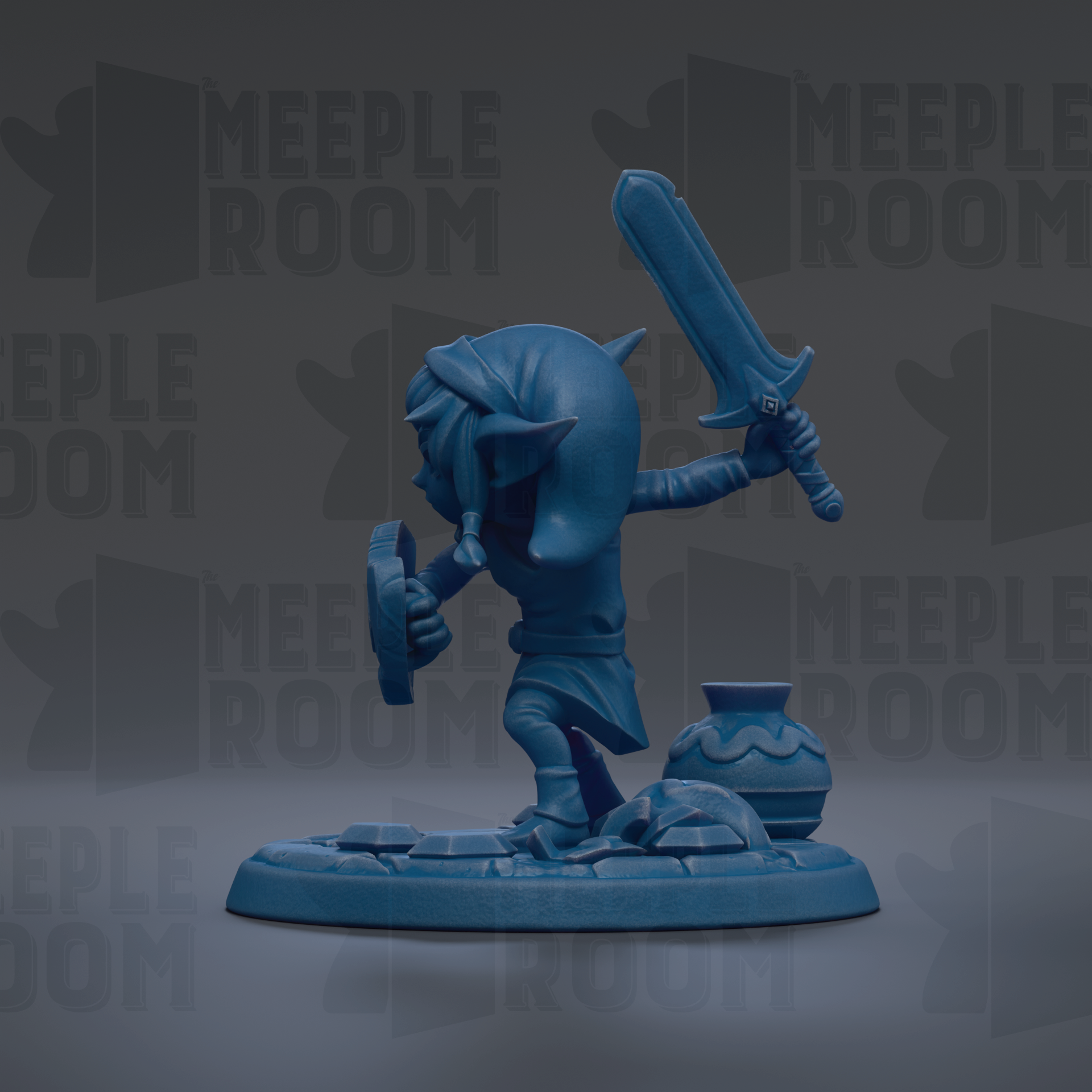A blue figurine of a character holding a sword and shield, standing on a base with a vase and other objects.