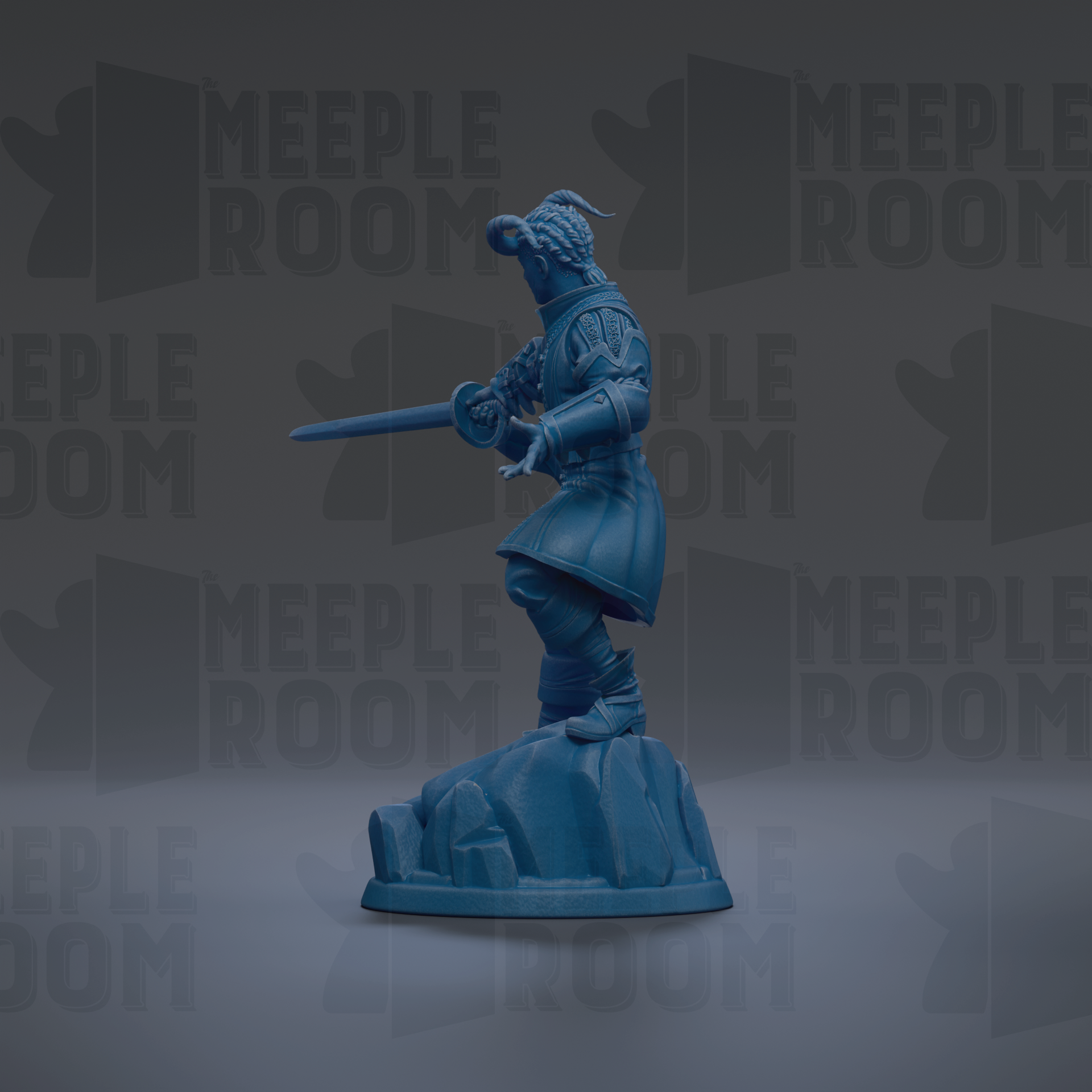 A blue figurine of a warrior standing on a rock, holding a sword in its right hand.