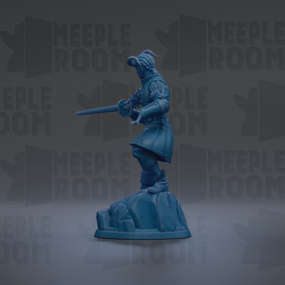 A blue figurine of a warrior standing on a rock, holding a sword in its right hand.