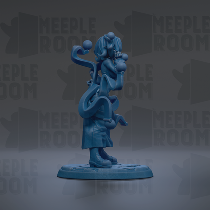 A blue figurine of a person with a large head and long hair, standing on a blue base.