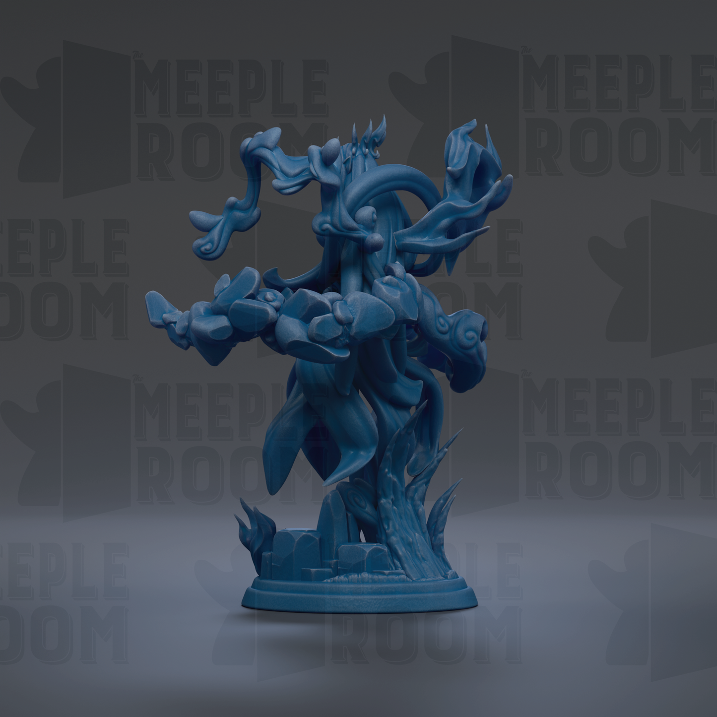 A blue, abstract sculpture with flowing, organic shapes and forms, set against a dark background with repeated text.
