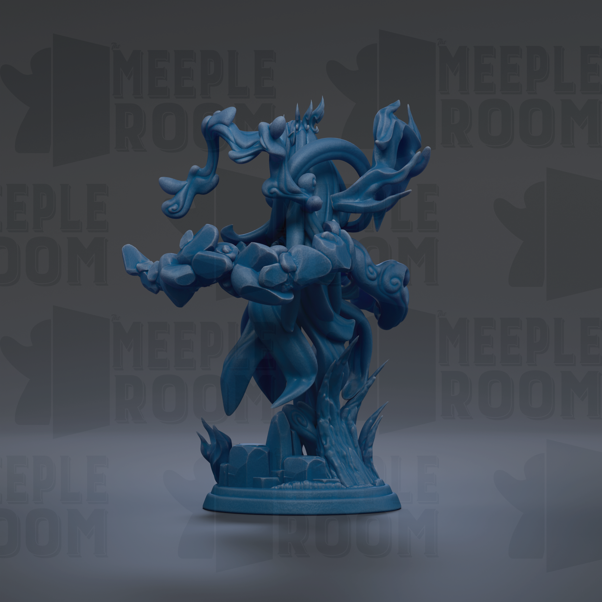 A blue, abstract sculpture with flowing, organic shapes and forms, set against a dark background with repeated text.