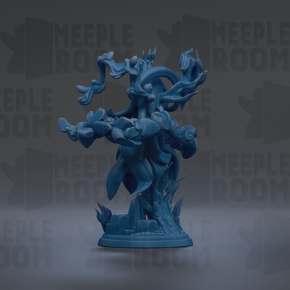 A blue, abstract sculpture with flowing, organic shapes and forms, set against a dark background with repeated text.