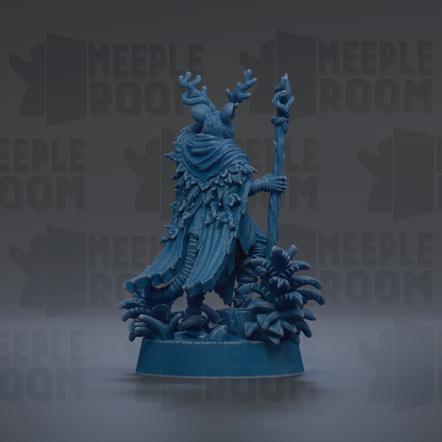 A blue figurine of a deity or magical being, with intricate details and a flowing robe, stands on a pedestal against a dark background.