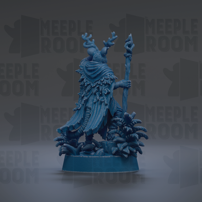 A blue figurine of a deity or magical being, with intricate details and a flowing robe, stands on a pedestal against a dark background.