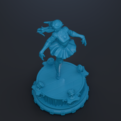 A 3D rendering of a female character in a blue outfit, standing on a circular platform with various objects around her.