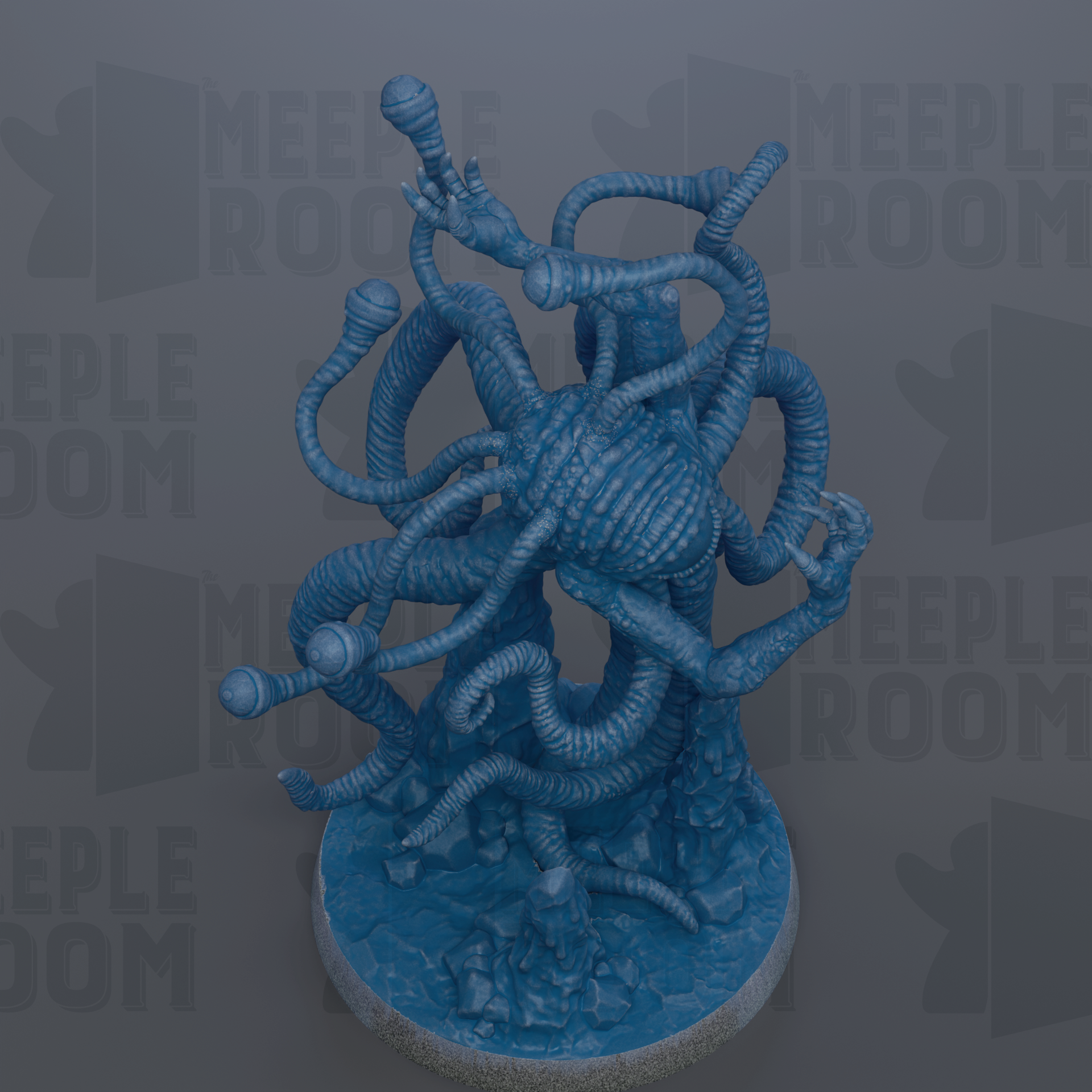 a blue, abstract, and intricate sculpture with multiple arms and tentacles, set against a dark background with repeated text.
