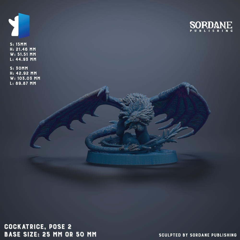 The image is a detailed 3D rendering of a blue dragon figurine, with wings spread wide and a fierce expression on its face. The dragon is posed in a dynamic, action-packed pose, with its body oriented towards the left side of the image. The dragon is set against a dark background, which contrasts with its vibrant blue color. The image is a 3D rendering of a figurine, and it is described as a "Cockatrice" with a base size of either 25mm or 50mm.
