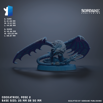 The image is a detailed 3D rendering of a blue dragon figurine, with wings spread wide and a fierce expression on its face. The dragon is posed in a dynamic, action-packed pose, with its body oriented towards the left side of the image. The dragon is set against a dark background, which contrasts with its vibrant blue color. The image is a 3D rendering of a figurine, and it is described as a "Cockatrice" with a base size of either 25mm or 50mm.