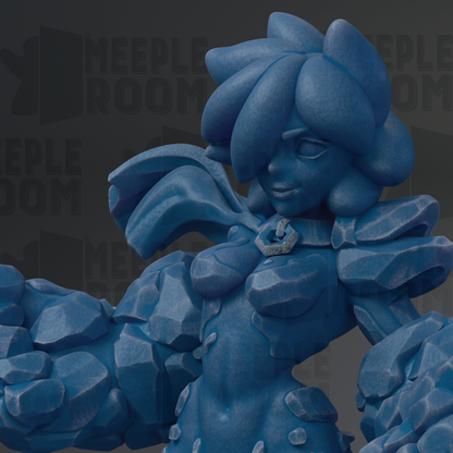 A close-up of a blue, sculpted figure with a detailed, stylized appearance.