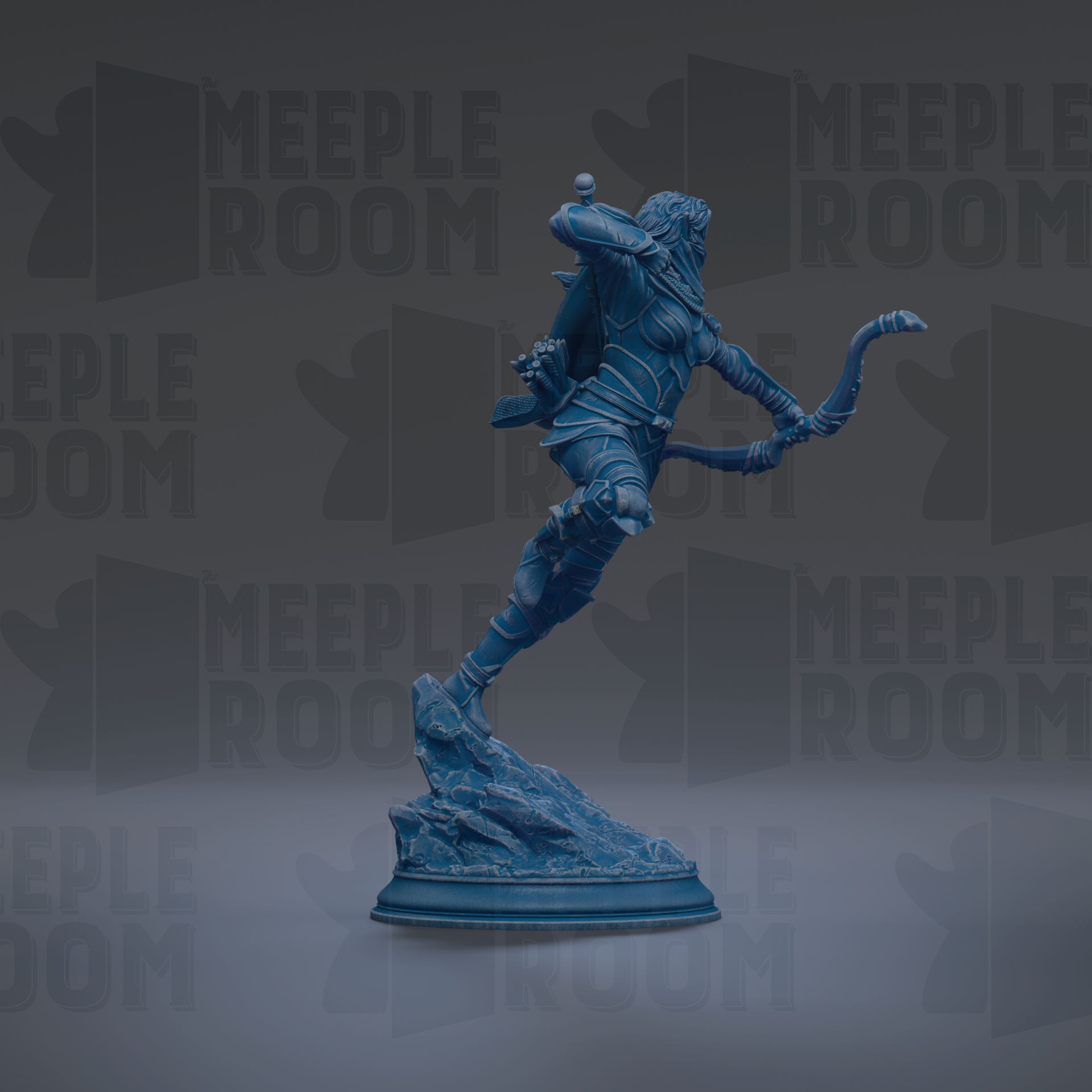 A blue statue of a figure with a bow and arrow, standing on a rock formation.