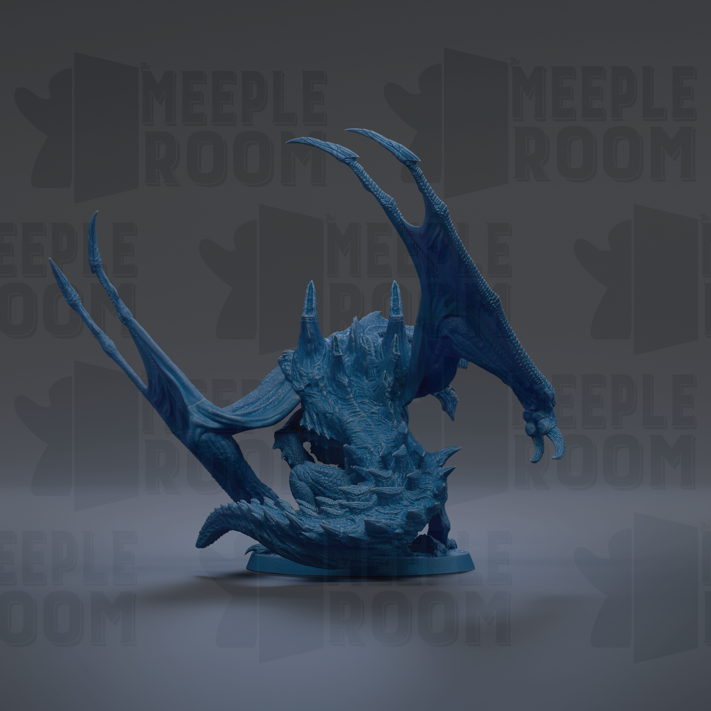 A blue dragon figurine is displayed against a dark background with repeated text.