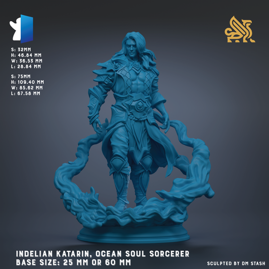 a detailed statue of a man with long hair, wearing a flowing robe and wielding a staff, set against a dark background. The statue appears to be a representation of an Ocean Soul Sorcerer, a character from the video game series "Indelman Katarin". The statue is described as a base size of 25 mm or 60 mm, and it is sculpted by DM Stash.