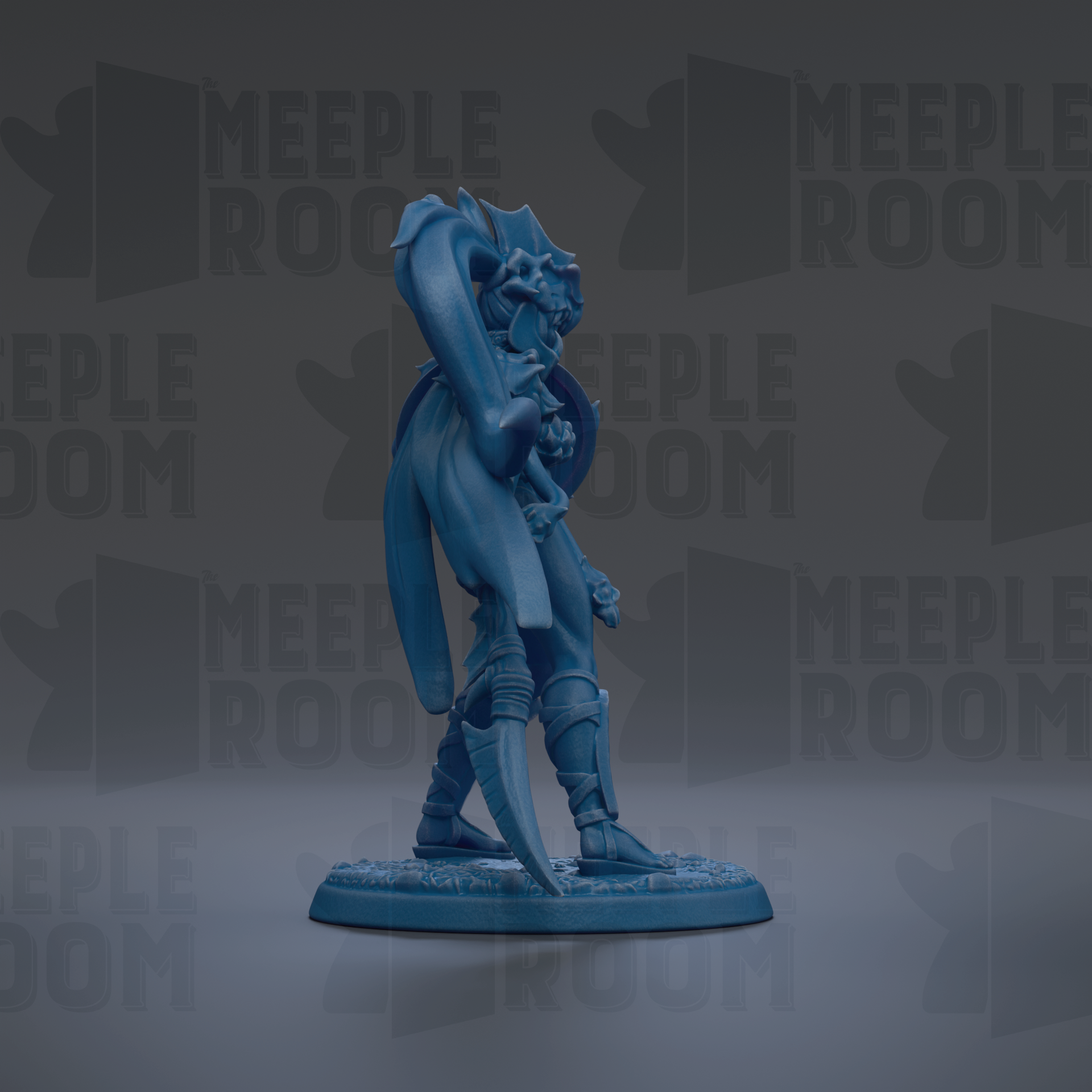 A blue figurine of a character with a large head and long neck stands on a base against a dark background with repeated text.