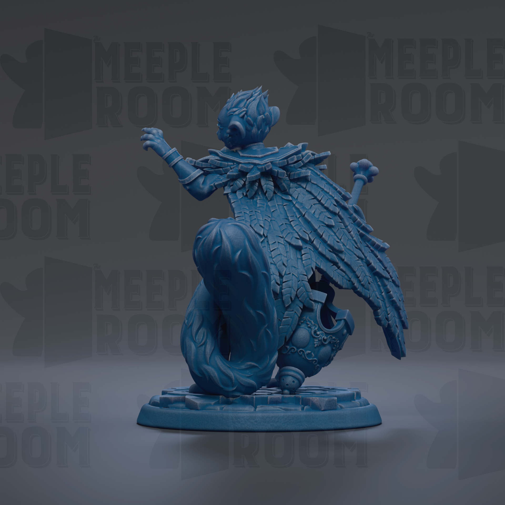 A blue figurine of a winged creature with intricate details and a flowing cape, set against a dark background with repeated text.