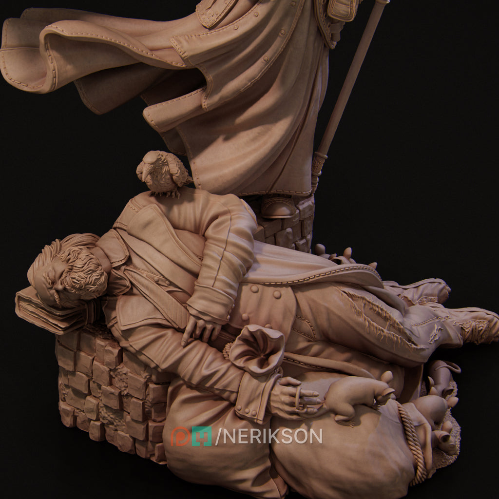 a statue of a man holding a flag on top of a pile of bags