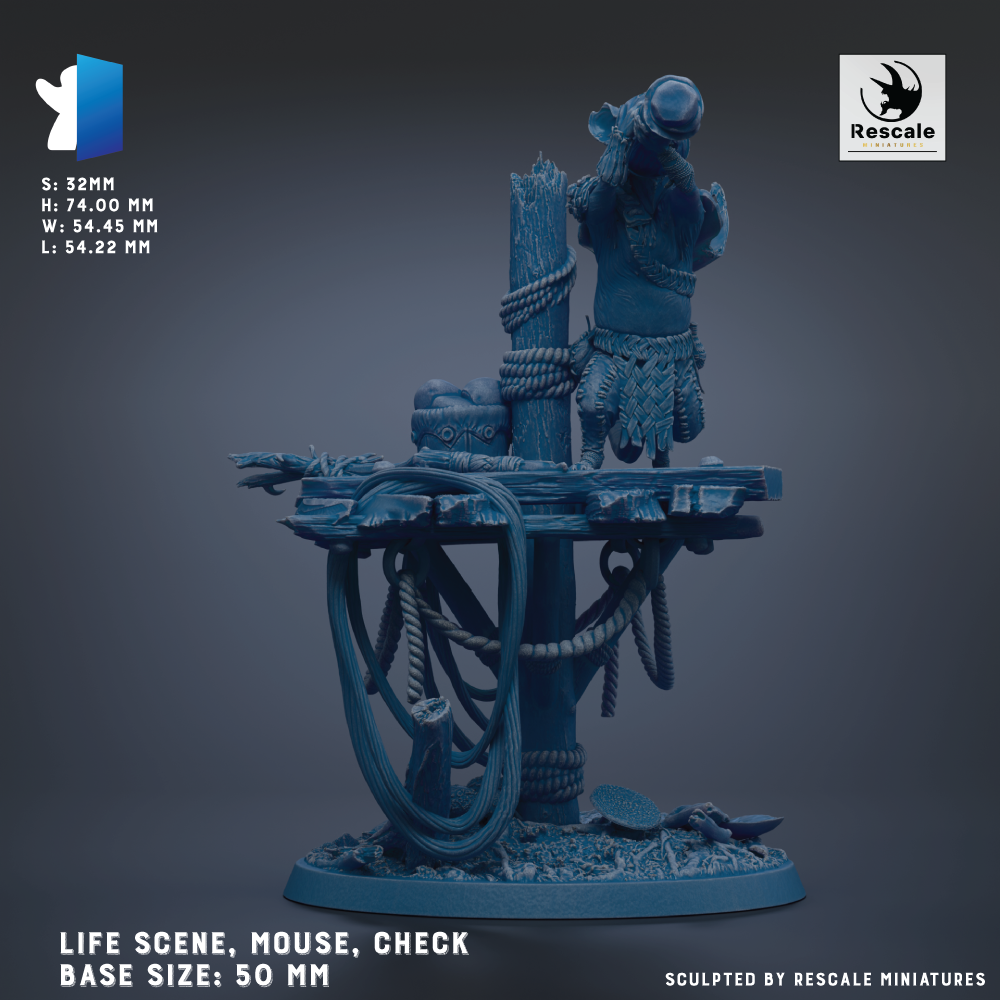 The image is a 3D model of a mouse figurine, specifically a check, which is a type of mouse figurine. The mouse is depicted in a blue color and is sitting on a base that is described as 50mm in size. The image is a sculpture, and it is presented against a dark background. The image is labeled as a life scene, and it is described as a base size of 50mm. The image is created by Rescale miniatures.
