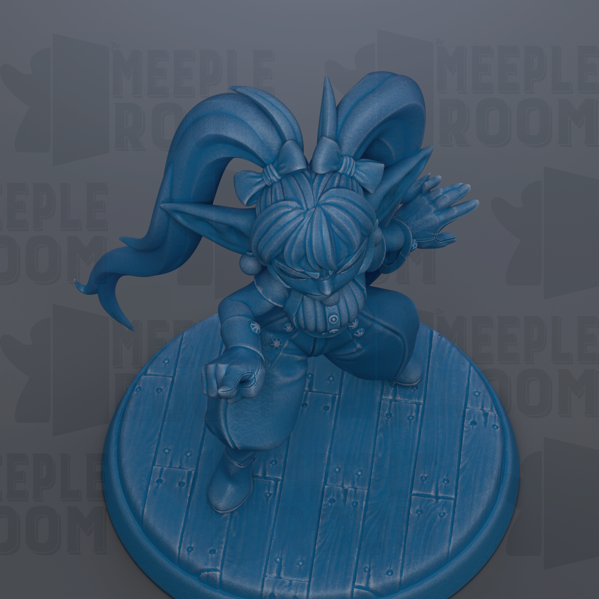 A blue figurine of a character with long hair and a pointed hat, standing on a wooden base.