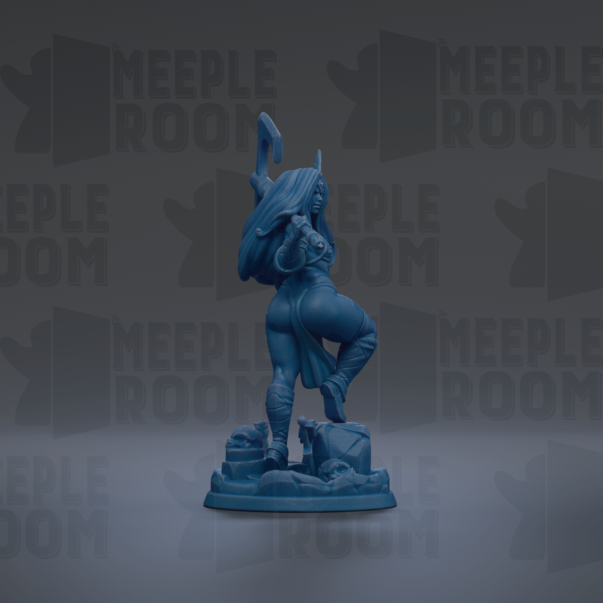 A blue figurine of a woman with a sword stands on a base against a dark background with repeated "MEIPLE ROOM" text.