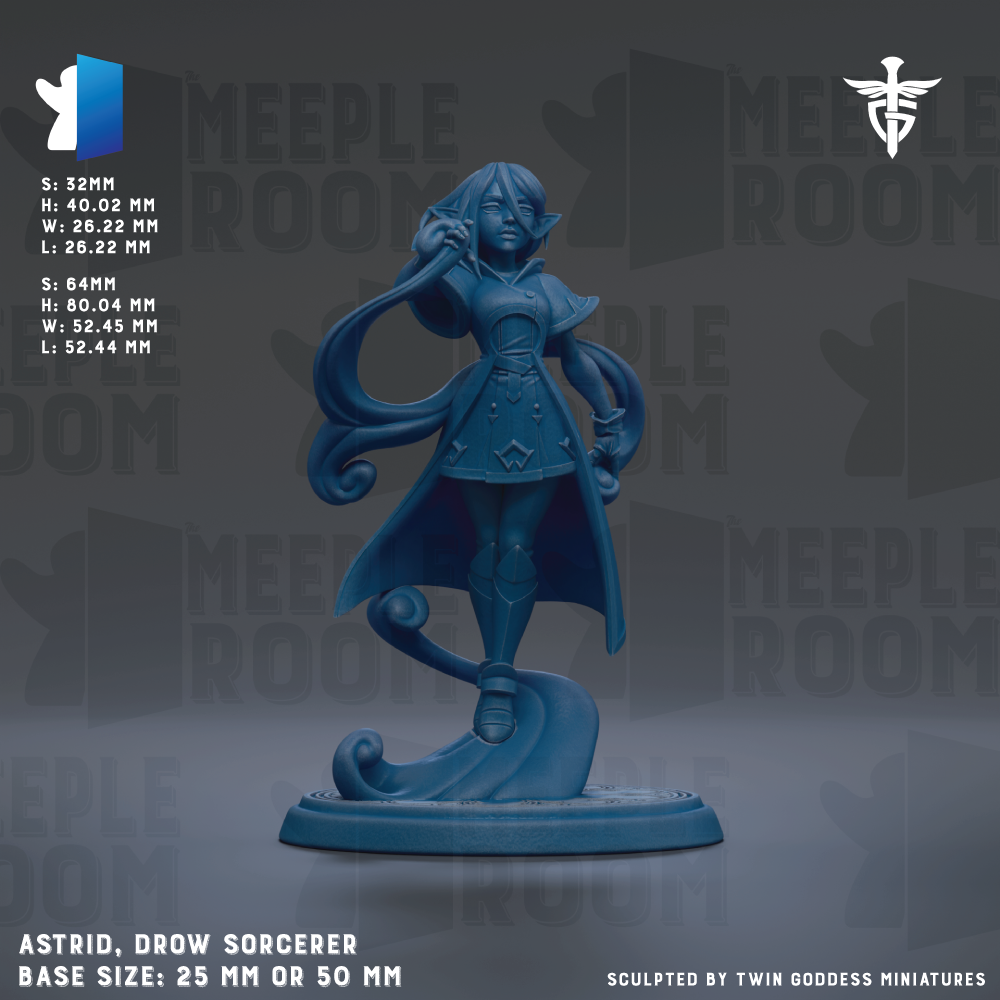 a blue figurine of a woman with long hair and a flowing cloak, standing on a base. The figurine appears to be a fantasy character, possibly a witch or a magical being. The image is described as a "meadow" and "meadow room" and is part of a collection of fantasy-themed items. The base size of the figurine is either 25mm or 50mm. The image is described as "sculpted by Twin Goddess miniatures".