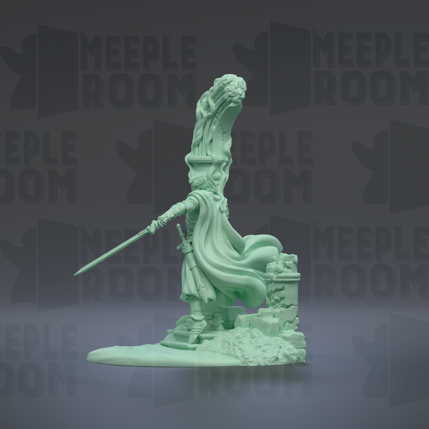 A green statue of a figure holding a sword and shield, standing on a pedestal.