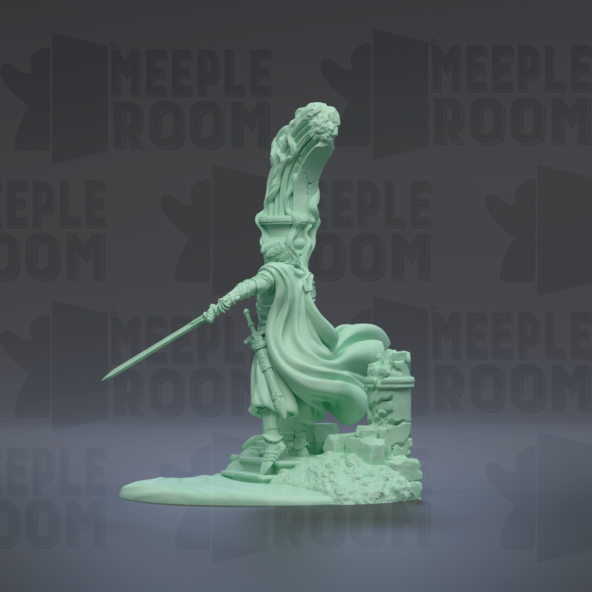 A green statue of a figure holding a sword and shield, standing on a pedestal.
