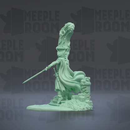 A green statue of a figure holding a sword and shield, standing on a pedestal.
