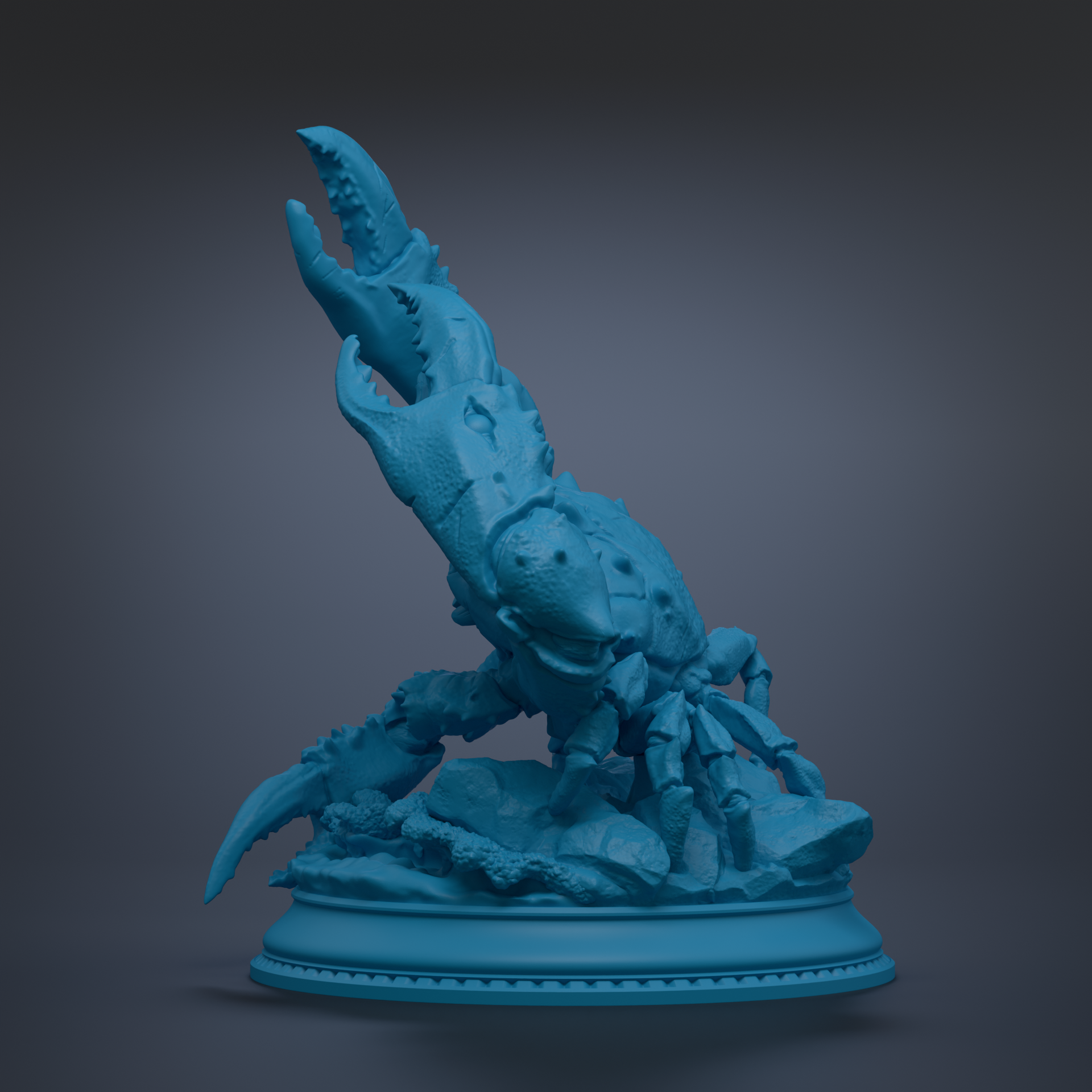 A blue, 3D-rendered crab sculpture with sharp claws and a textured shell, standing on a pedestal against a dark background.