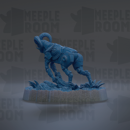 A blue, robotic-looking creature with horns and a ram-like appearance is depicted in the center of the image.