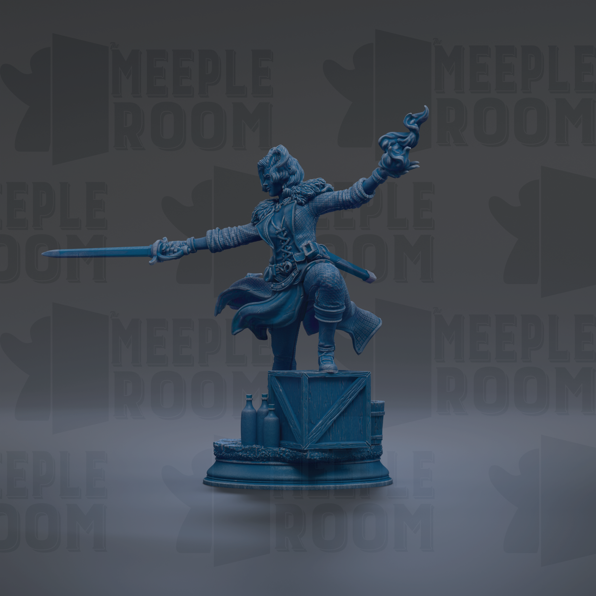 A blue statue of a person holding a sword and shield, standing on a pedestal.